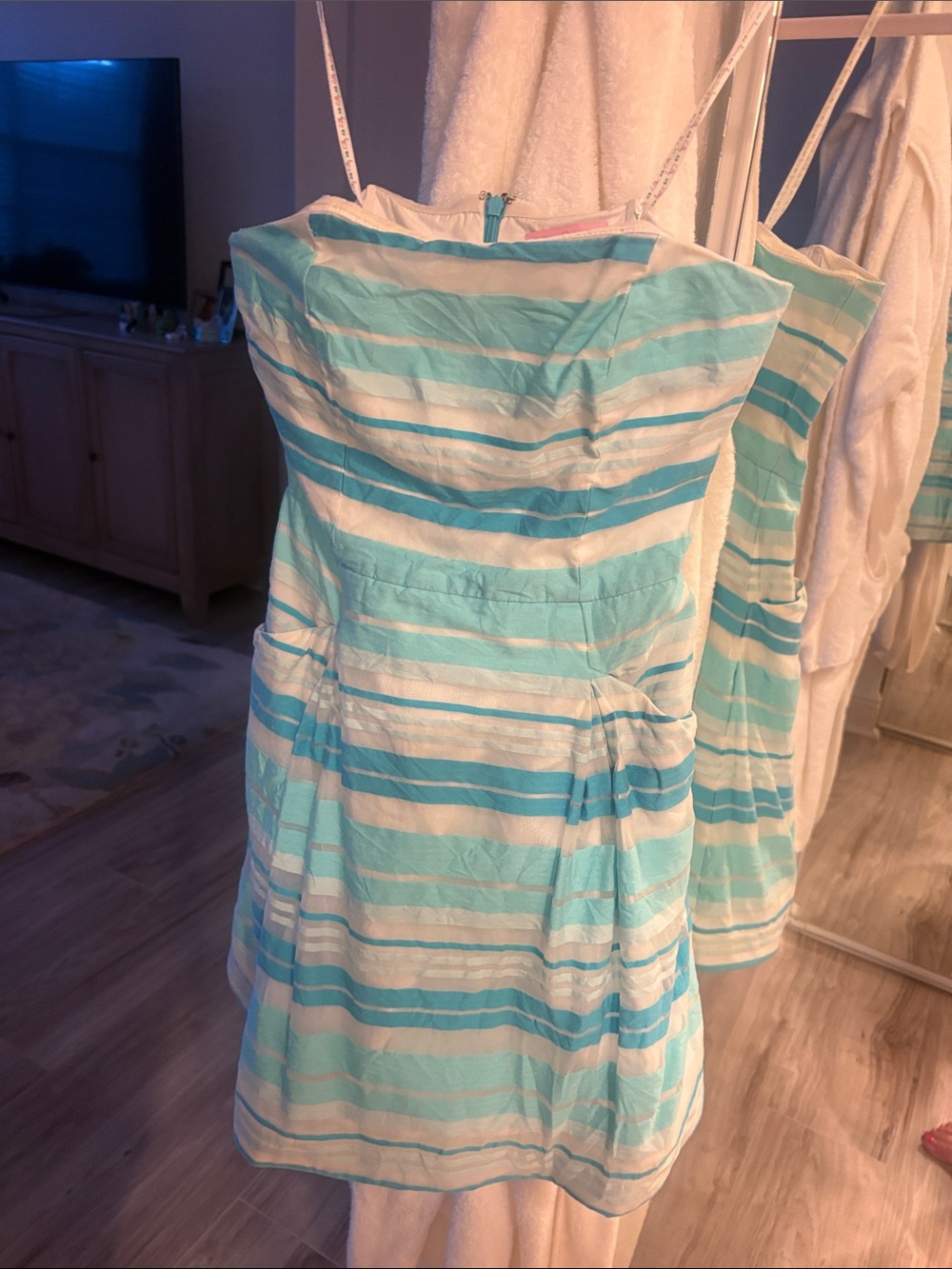 Lilly Pulitzer Aqua and White Strapless Stripe Dress